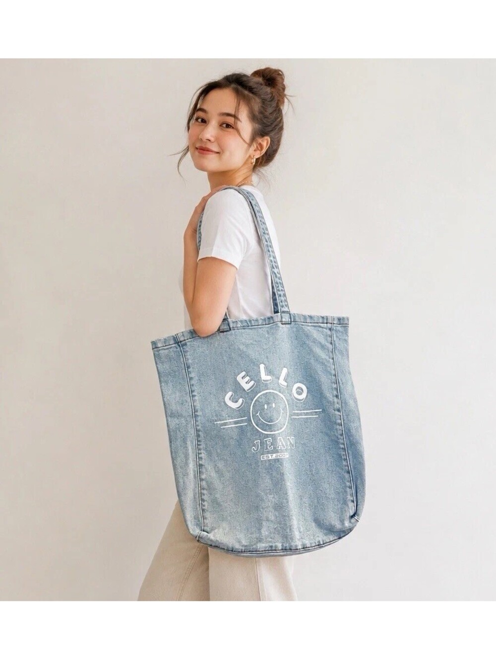 Cello Jean Denim Tote Bag Light Blue Smiley Face Shoulder Shopper Large NWOT